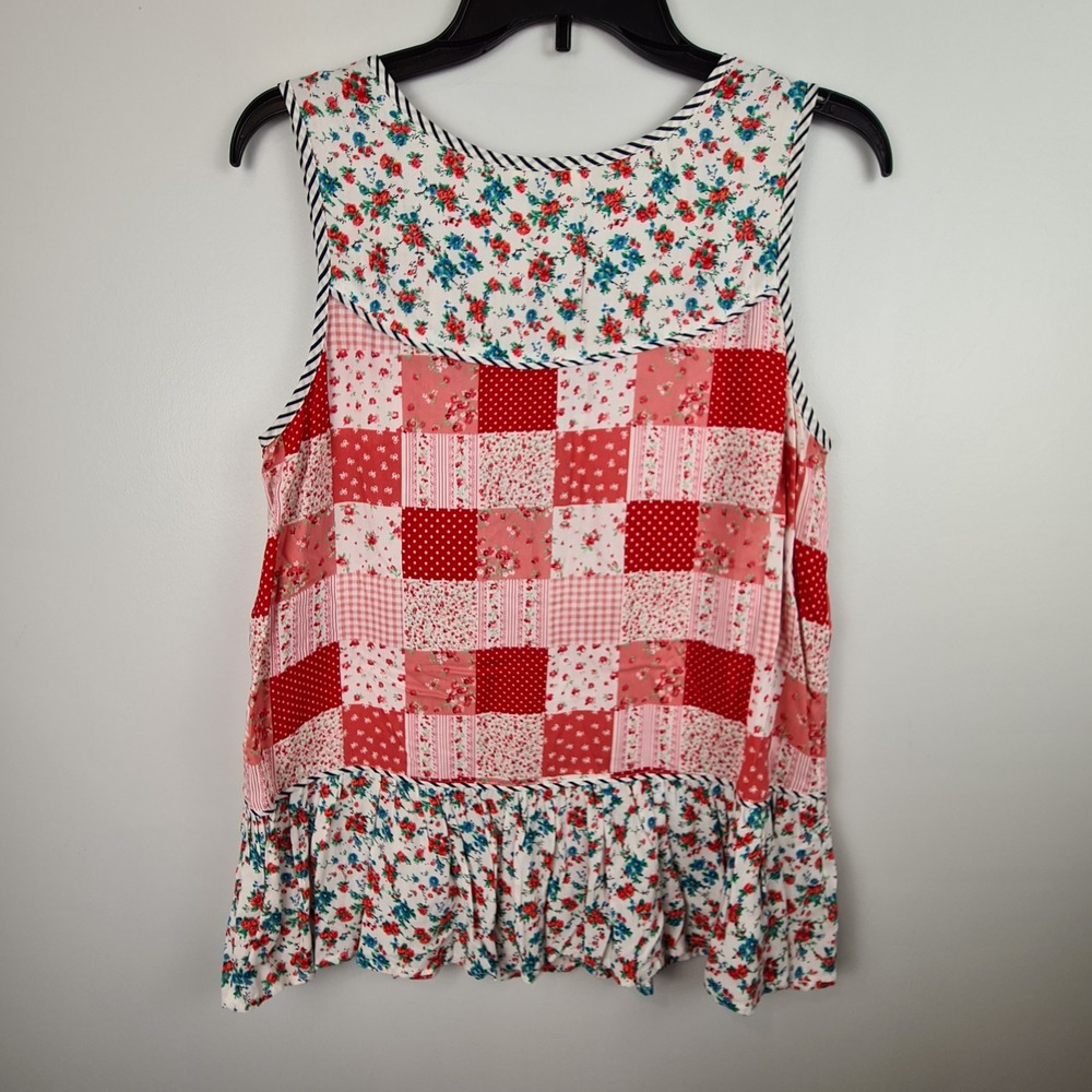 Umgee Womens Red Patchwork Floral Gingham Sleeveless Ruffle Hem Top Small Boho - Picture 7 of 7